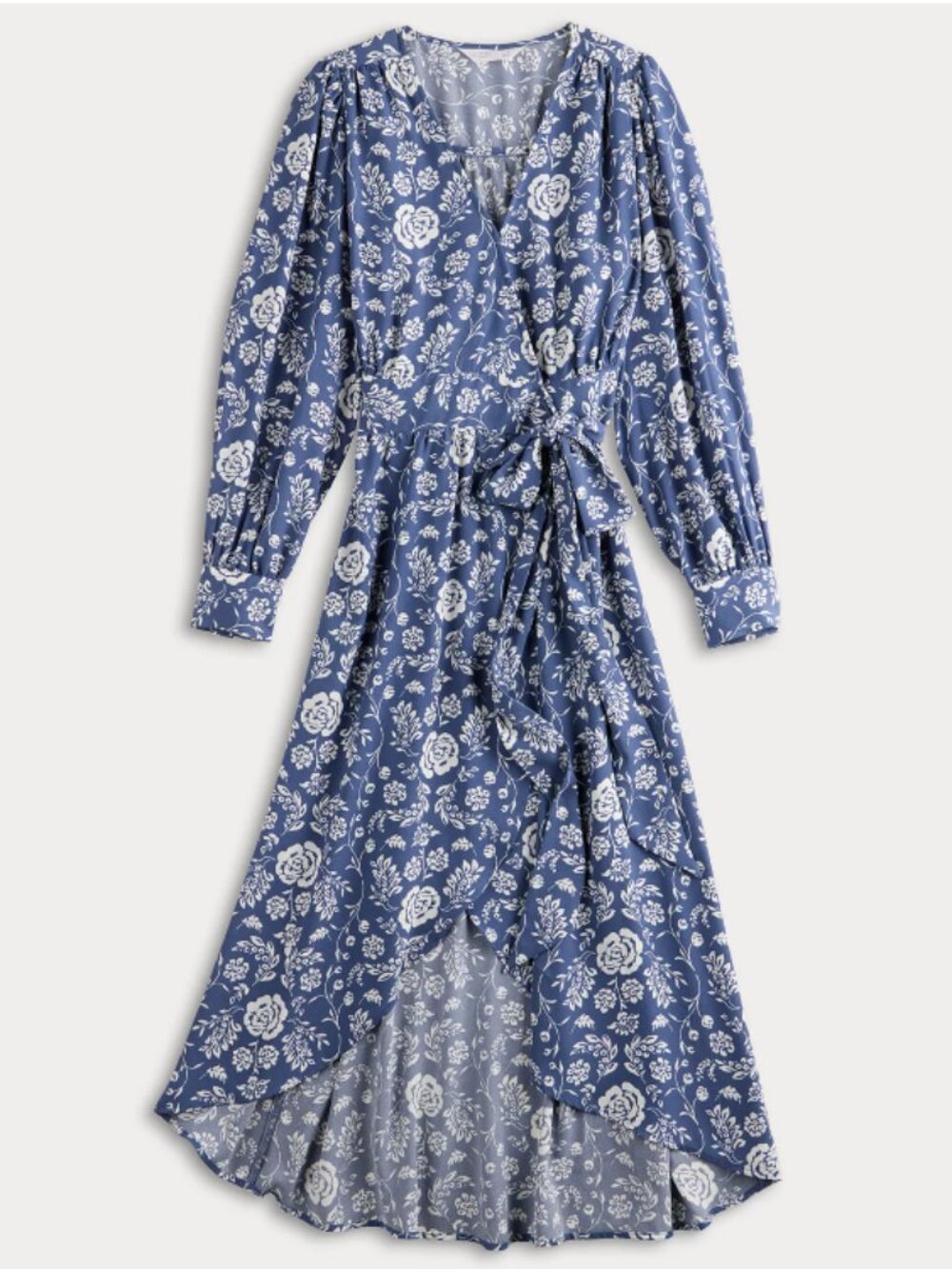 LC Lauren Conrad Modern Wrap Tea Length Dress Blue & White Floral Size Medium